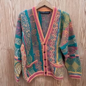Vintage Coogi Cardigan Sweater 100% Cashmere 1990s Pastel Button Soft M